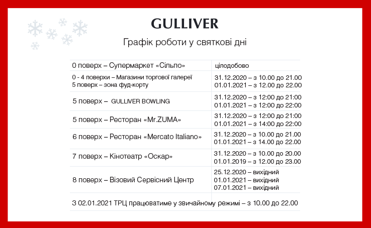 График работы ТРЦ на новогодние праздники 2020-2021